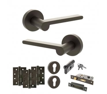 Senza Pari Darrio Door Handle Euro Profile Lock Pack (4 Fire Rated Hinges x3) - Urban Dark Bronze
