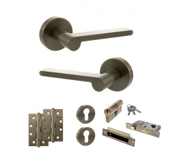 Senza Pari Darrio Door Handle Euro Profile Lock Pack (4 Slim Knuckle Hinges x2) - Antique Brass