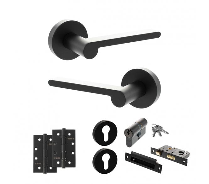 Senza Pari Darrio Door Handle Euro Profile Lock Pack (4 Slim Knuckle Hinges x2) - Matt Black