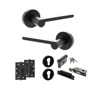 Senza Pari Darrio Door Handle Euro Profile Lock Pack (4 Slim Knuckle Hinges x2) - Matt Black