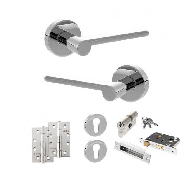 Senza Pari Darrio Door Handle Euro Profile Lock Pack (4 Slim Knuckle Hinges x2) - Polished Chrome