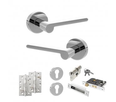 Senza Pari Darrio Door Handle Euro Profile Lock Pack (4 Slim Knuckle Hinges x2) - Polished Chrome
