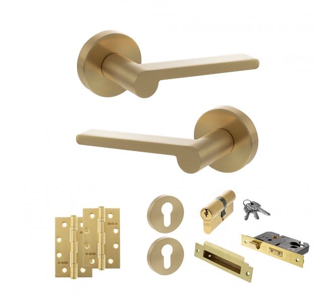 Senza Pari Darrio Door Handle Euro Profile Lock Pack (4 Slim Knuckle Hinges x2) - Satin Brass