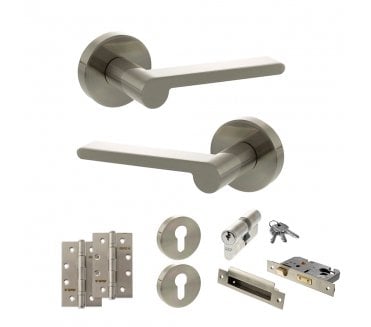 Senza Pari Darrio Door Handle Euro Profile Lock Pack (4 Slim Knuckle Hinges x2) - Satin Nickel