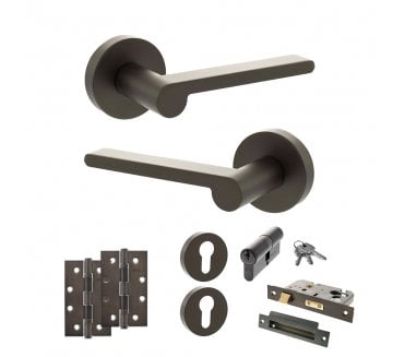 Senza Pari Darrio Door Handle Euro Profile Lock Pack (4 Slim Knuckle Hinges x2) - Urban Dark Bronze
