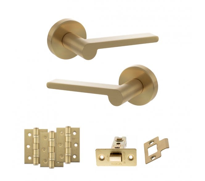 Senza Pari Darrio Door Handle Latch Pack (3 Ball Bearing Hinges x3) - Satin Brass