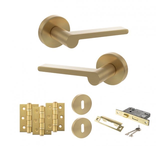 Senza Pari Darrio Door Handle Lock Pack (3 Ball Bearing Hinges x3) - Satin Brass