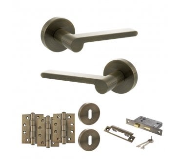 Senza Pari Darrio Door Handle Lock Pack (4 Fire Rated Hinges x3) - Antique Brass