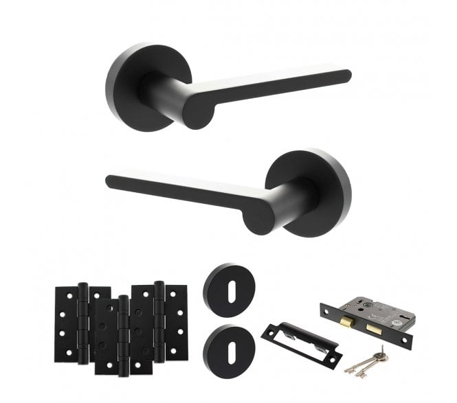 Senza Pari Darrio Door Handle Lock Pack (4 Fire Rated Hinges x3) - Matt Black