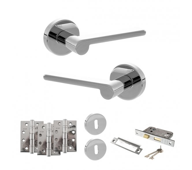 Senza Pari Darrio Door Handle Lock Pack (4 Fire Rated Hinges x3) - Polished Chrome