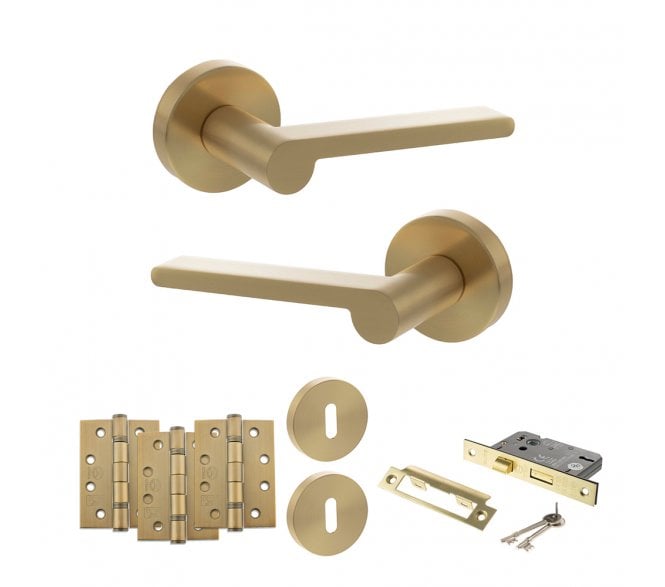 Senza Pari Darrio Door Handle Lock Pack (4 Fire Rated Hinges x3) - Satin Brass