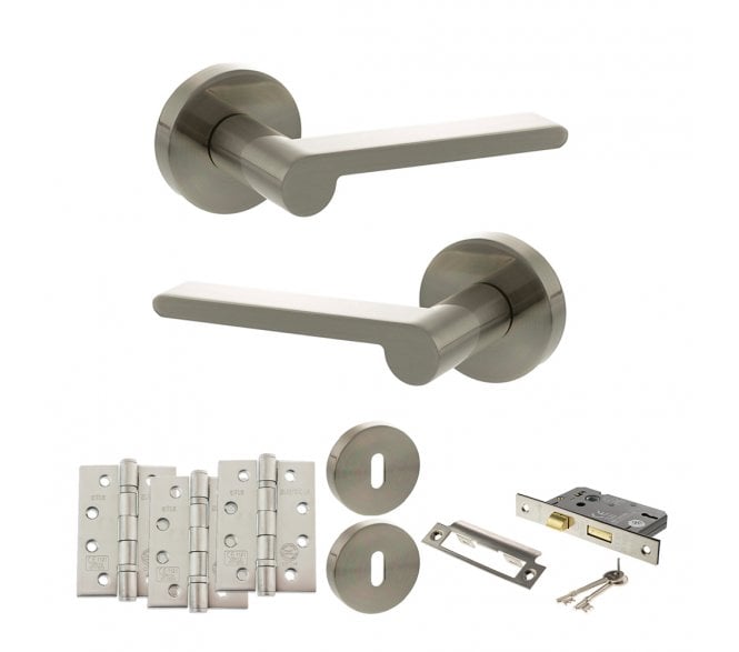 Senza Pari Darrio Door Handle Lock Pack (4 Fire Rated Hinges x3) - Satin Nickel
