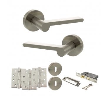 Senza Pari Darrio Door Handle Lock Pack (4 Fire Rated Hinges x3) - Satin Nickel