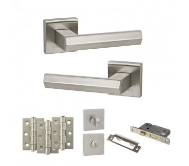 Senza Pari Davoli Door Handle Bathrom Pack (3 Ball Bearing Hinges x3) - Satin Nickel