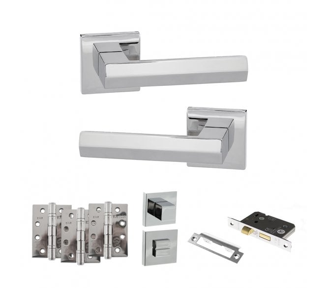 Senza Pari Davoli Door Handle Bathroom Pack (4 Fire Rated Hinges x3) - Polished Chrome