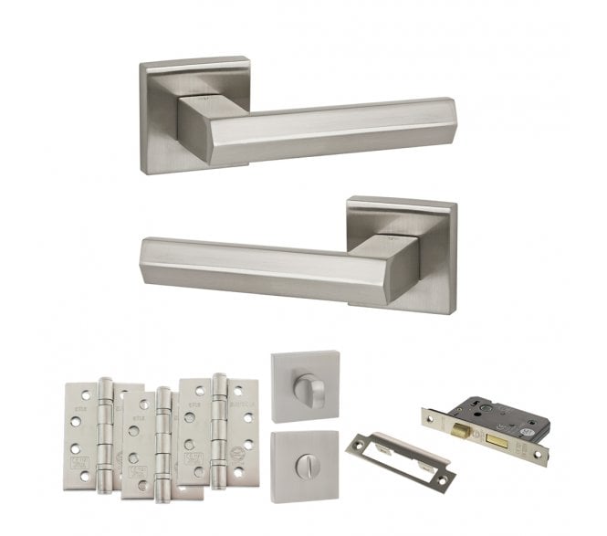 Senza Pari Davoli Door Handle Bathroom Pack (4 Fire Rated Hinges x3) - Satin Nickel