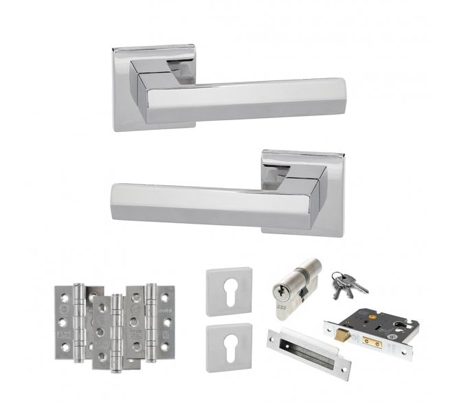 Senza Pari Davoli Door Handle Euro Profile Lock Pack (3 Ball Bearing Hinges x3) - Polished Chrome