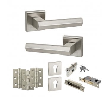 Senza Pari Davoli Door Handle Euro Profile Lock Pack (3 Ball Bearing Hinges x3) - Satin Nickel