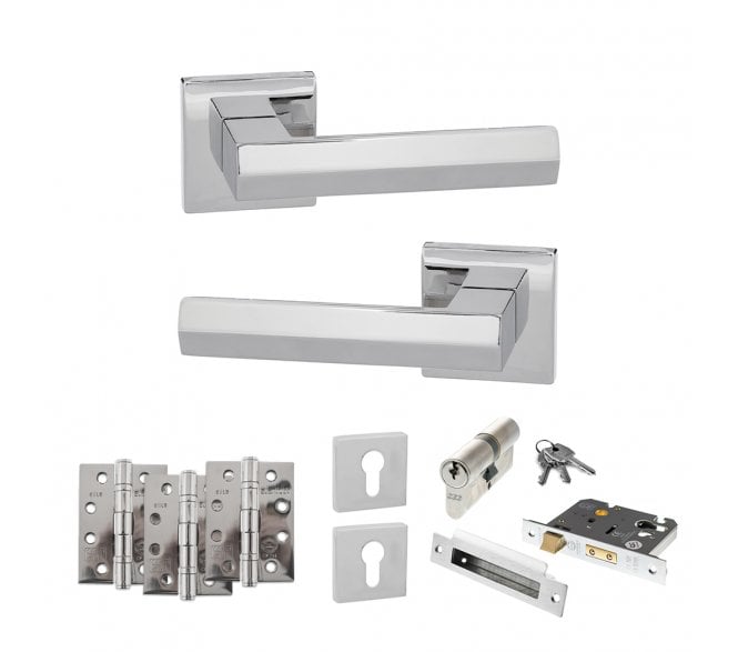 Senza Pari Davoli Door Handle Euro Profile Lock Pack (4 Fire Rated Hinges x3) - Polished Chrome