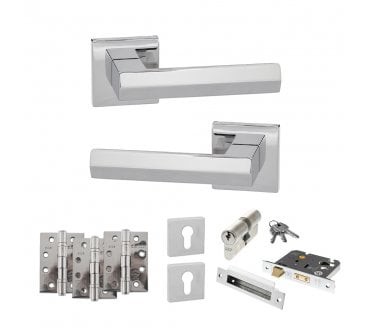 Senza Pari Davoli Door Handle Euro Profile Lock Pack (4 Fire Rated Hinges x3) - Polished Chrome