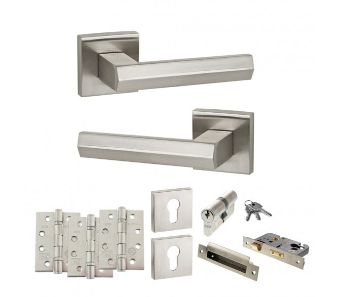 Senza Pari Davoli Door Handle Euro Profile Lock Pack (4 Fire Rated Hinges x3) - Satin Nickel
