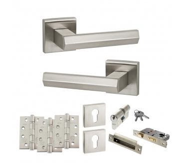 Senza Pari Davoli Door Handle Euro Profile Lock Pack (4 Fire Rated Hinges x3) - Satin Nickel