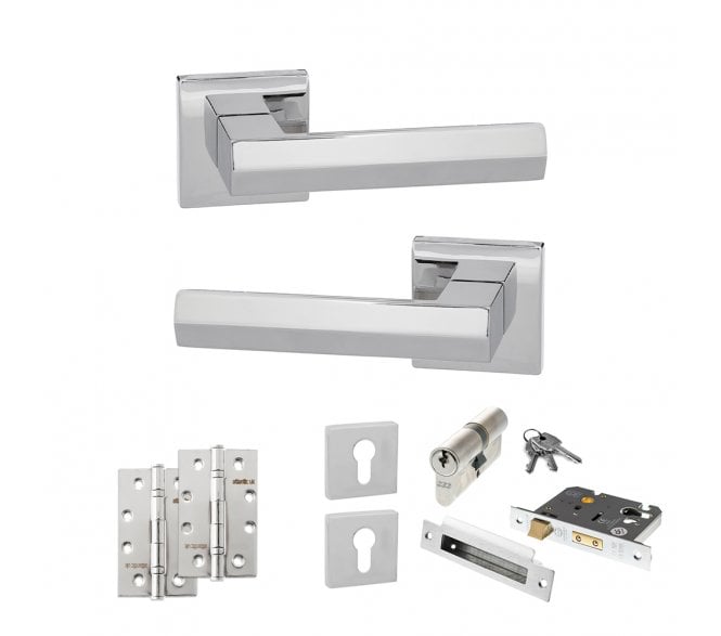 Senza Pari Davoli Door Handle Euro Profile Lock Pack (4 Slim Knuckle Hinges x2) - Polished Chrome