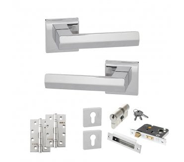 Senza Pari Davoli Door Handle Euro Profile Lock Pack (4 Slim Knuckle Hinges x2) - Polished Chrome