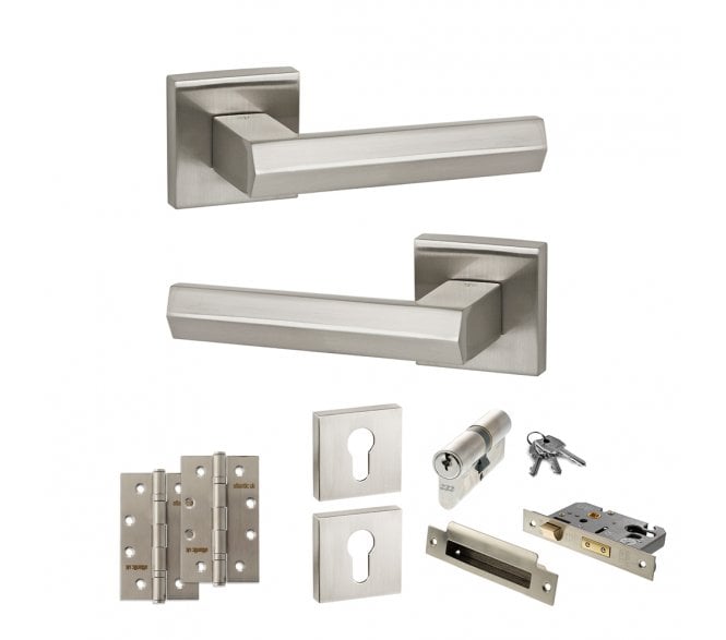 Senza Pari Davoli Door Handle Euro Profile Lock Pack (4 Slim Knuckle Hinges x2) - Satin Nickel