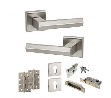 Senza Pari Davoli Door Handle Euro Profile Lock Pack (4 Slim Knuckle Hinges x2) - Satin Nickel