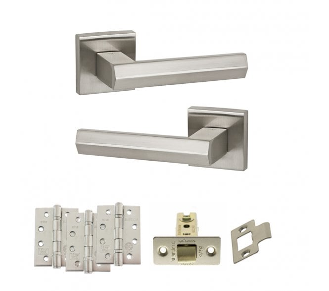 Senza Pari Davoli Door Handle Latch Pack (4 Fire Rated Hinges x3) - Satin Nickel