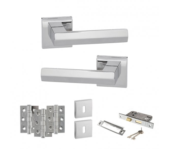 Senza Pari Davoli Door Handle Lock Pack (3 Ball Bearing Hinges x3) - Polished Chrome