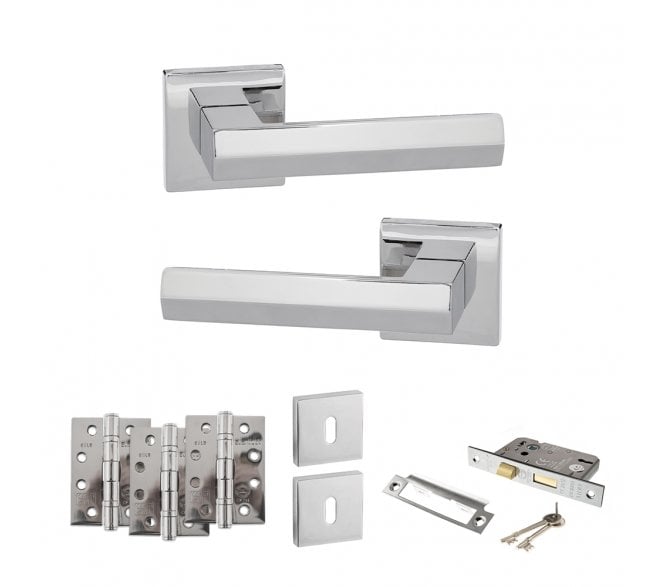 Senza Pari Davoli Door Handle Lock Pack (4 Fire Rated Hinges x3) - Polished Chrome