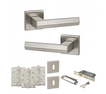 Senza Pari Davoli Door Handle Lock Pack (4 Fire Rated Hinges x3) - Satin Nickel