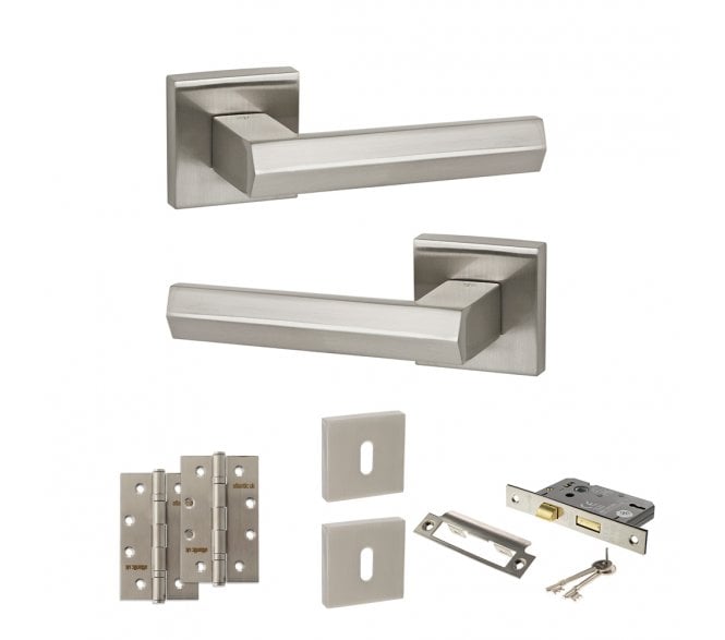 Senza Pari Davoli Door Handle Lock Pack (4 Slim Knuckle Hinges x2) - Satin Nickel