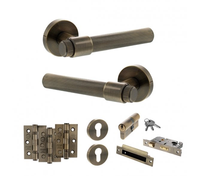 Senza Pari Fasana Door Handle Euro Profile Lock Pack (3 Ball Bearing Hinges x3) - Antique Brass