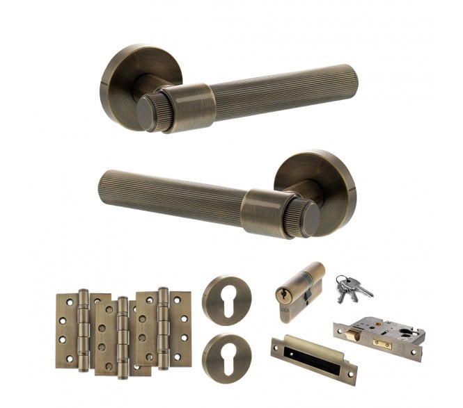 Senza Pari Fasana Door Handle Euro Profile Lock Pack (4 Fire Rated Hinges x3) - Antique Brass