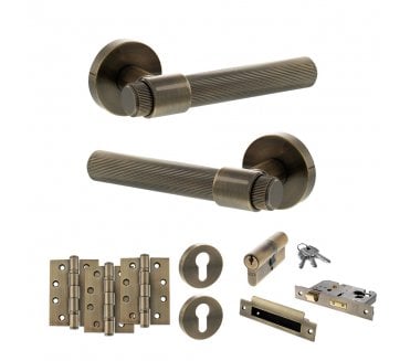 Senza Pari Fasana Door Handle Euro Profile Lock Pack (4 Fire Rated Hinges x3) - Antique Brass