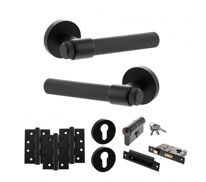 Senza Pari Fasana Door Handle Euro Profile Lock Pack (4 Fire Rated Hinges x3) - Matt Black