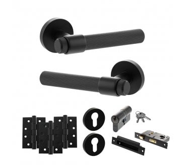 Senza Pari Fasana Door Handle Euro Profile Lock Pack (4 Fire Rated Hinges x3) - Matt Black