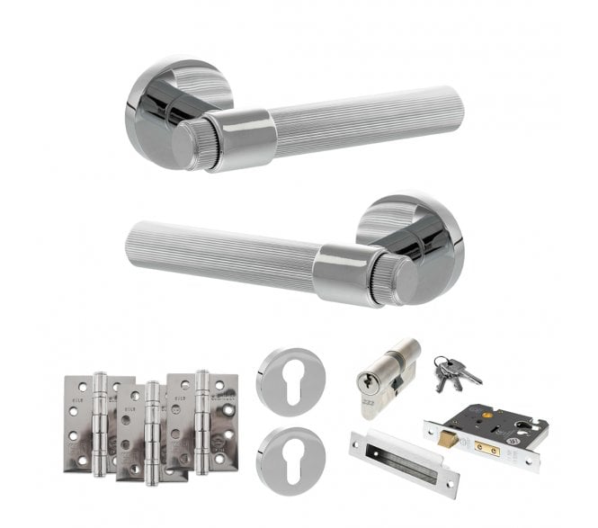 Senza Pari Fasana Door Handle Euro Profile Lock Pack (4 Fire Rated Hinges x3) - Polished Chrome