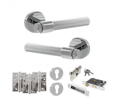 Senza Pari Fasana Door Handle Euro Profile Lock Pack (4 Fire Rated Hinges x3) - Polished Chrome