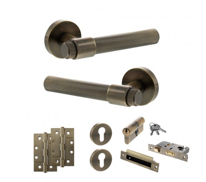 Senza Pari Fasana Door Handle Euro Profile Lock Pack (4 Slim Knuckle Hinges x2) - Antique Brass