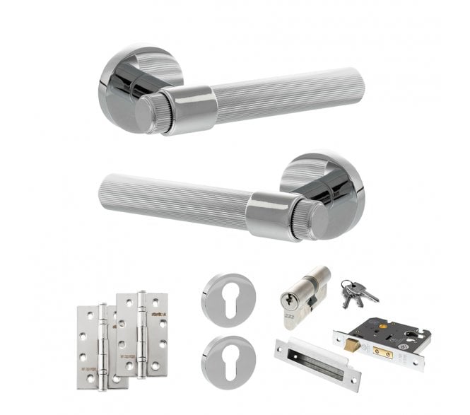 Senza Pari Fasana Door Handle Euro Profile Lock Pack (4 Slim Knuckle Hinges x2) - Polished Chrome