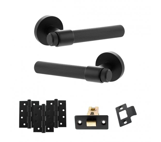Senza Pari Fasana Door Handle Latch Pack (4 Fire Rated Hinges x3) - Matt Black