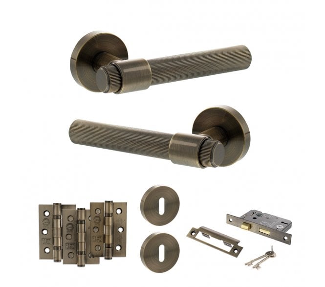Senza Pari Fasana Door Handle Lock Pack (3 Ball Bearing Hinges x3) - Antique Brass