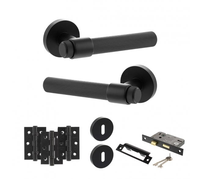 Senza Pari Fasana Door Handle Lock Pack (3 Ball Bearing Hinges x3) - Matt Black