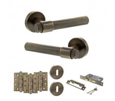 Senza Pari Fasana Door Handle Lock Pack (4 Fire Rated Hinges x3) - Antique Brass