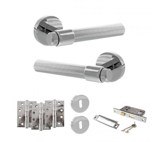 Senza Pari Fasana Door Handle Lock Pack (4 Fire Rated Hinges x3) - Polished Chrome