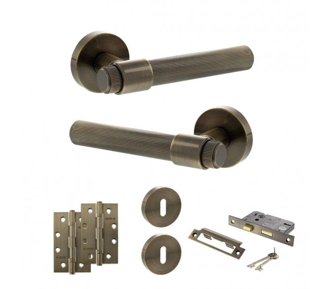 Senza Pari Fasana Door Handle Lock Pack (4 Slim Knuckle Hinges x2) - Antique Brass